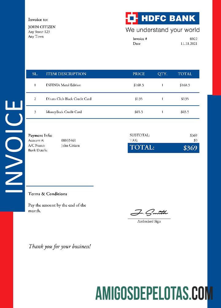 em branco Modelo de fatura HDFC dos EUA